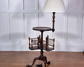 ANTIQUE SIDE TABLE WITH LAMP & BOOKMILL | On tripod-footed base - h. 51 x w. 26 x d. 20 in

