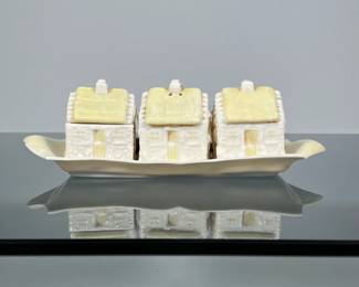 Belleek Shakers | Set of Belleek porcelain house-form Salt & Pepper shakers and sugar bowl with wooden spoon on a small tray - h. 2.5 x w. 3 x l. 7.5 in