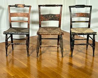(3pc) ANTIQUE FANCY CHAIRS | Antique rush seat fancy chairs with painted curved backs over spindle carved legs. - h. 34 x w. 18 x d. 18 in