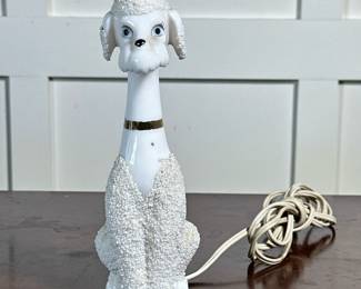 GLASS POODLE LAMP | Milk glass table lamp in the form of a poodle with gilt collar - h. 8.5 x w. 3 x d. 4 in