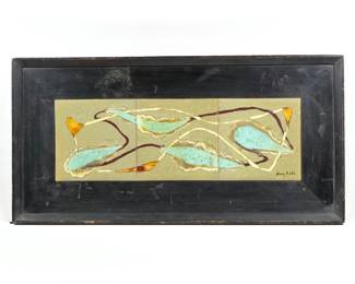 JENNY FOHR (20th Century) | Three handmade glazed mid-century ceramic tiles inset in a black painted wood frame, signed lower right; 6 x6 in. (each tile) - h. 12 x w. 24 in (frame)