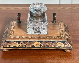 Micro Mosaic Inkstand | Micro mosaic Standish quill or pen holder with cut crystal inkwell. - h. 3.5 x w. 3.75 x l. 6 in
