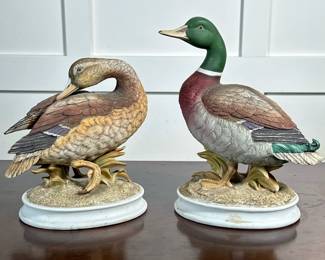(2pc) PAIR SADEK PORCELAIN DUCKS BY ANDREA | Pair of male & female Porcelain hand painted mallard ducks by Andrea for Radek. - h. 9.5 x w. 5 x l. 8 in (male mallard)
