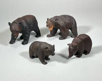 (4pc) LARGE CARVED BEAR FIGURES | Lot of 4 large carved wood brown bear figures -  h. 5.5 x w. 4 x l. 9 in (largest)
