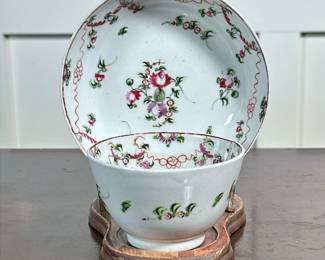CEREMONIAL TEACUP SET | Antique porcelain loral patterned teacup & saucer on wooden stand - h. 6 x w. 5 x d. 5 in (teacup & saucer on stand)