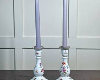 (2pc) Pair Dresden Candlesticks | 
With floral pattern and gilt rims, marked on the bottoms - h. 6.5 x dia. 3.5 in