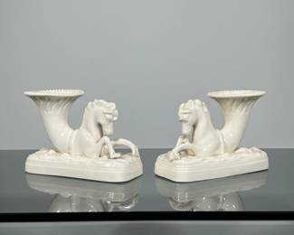 PAIR BELLEEK HORSE CANDLESTICKS | Pair of Belleek horse and cornucopia-form candlesticks with cornucopia back - h. 3.5 x w. 2.5 x l. 5 in
