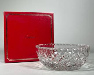Cartier Cut Crystal Bowl | Cut crystal glass fruit or center bowl, with acid etched signature on bottom, in a red Cartier box. - h. 3.75 x dia. 8.75 in (bowl)
