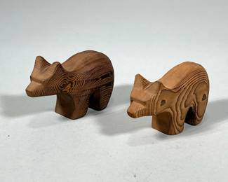 (2pc) PAIR CROWE CANADA CARVED BEARS | Pair of wood bear carvings marked on bottom “Crowe Canada” -  h. 2.75 x w. 2 x l. 4.5 in