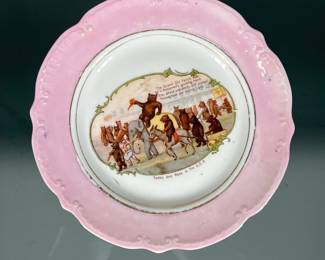 Teddy & Rosa Plate | Pink scalloped rim porcelain plat, showing "Teddy and Rosa in The G.O.P. / The Grand Old Party's safe With Roosevelt's guiding hand And peace and plenty will prevail Throughout our native Land." -  dia. 6.25 in