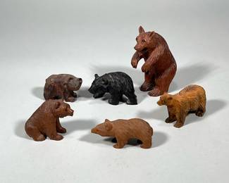 (6pc) WOOD BEAR FIGURINES | Carved wood bear figurines including 1 artist signed “J. Pinal” -  h. 5.5 x w. 2.5 x l. 4 in (largest)