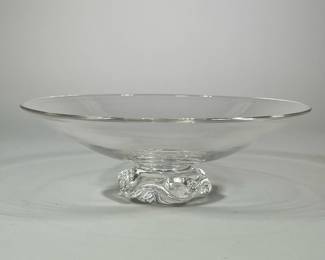 Steuben Pedestal Bowl | Steuben crystal glass center bowl with acid-etched signature to bottom. - h. 4.25 x dia. 12.5 in