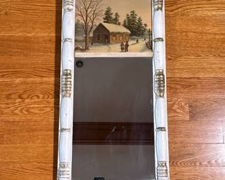 Half Spindle Wall Mirror | White paint and gilt with a panel showing a winter scene. -  h. 31 x w. 15.5 in
