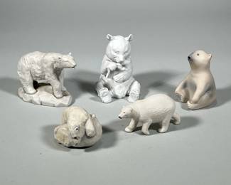(3pc) BISQUE POTTERY & OTHER POLAR BEARS | Including: Boehm cuddling bears, Kaiser bisque bear eating a fish, Aldon polar bear figurine, Highbank figurine, and Carren figurine. - h. 4 x w. 2.75 x l. 6 in (Aldon figurine)
