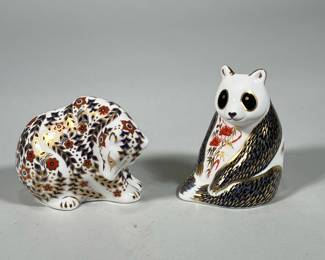 (2pc) ROYAL CROWN DERBY BEAR FIGURINES | Royal Crown Derby English Bone China bear figures including a Russian Bear and a panda bear - h. 4.25 x w. 3 x l. 3.5 in