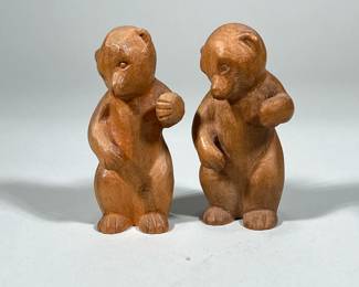 (2pc) PAIR ARGENTINIAN CARVED BEARS | Pair of carved wood bear figures, marked on bottom “Argentina” - h. 5 x w. 2.5 x l. 2.5 in
