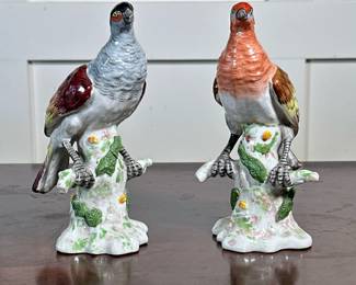 (2pc) French Ceramic Birds | Painted porcelain bird figurines, marked on the bottom, "Made in France / Hand painted" - h. 6.75 in