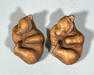 (2pc) PAIR SLEEPING BEARS | Pair of wood-carved sleeping bear figures. - h. 1.5 x w. 3 x l. 4.5 in

