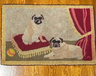 CLAIRE MURRAY HOOKED RUG | Hand-hooked rug by Claire Murray showing two pugs, initialed lower right. - w. 22 x l. 33 in