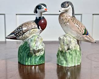 (2pc) Porcelain Bird Figures | In the French style, one signed on the bottom - h. 5.75 x w. 3.5 in
