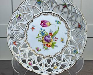 Dresden Reticulated Bowl | With floral pattern and reticulated rim, gilt highlights, marked on the bottom. -  dia. 10 in