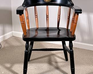 NEW YORK HOSPITAL HARVARD CHAIR | Round back Harvard chair with spindles and H-stretcher marked with New York Hospital seal on back -  h. 32.5 x w. 25.5 x d. 20 in