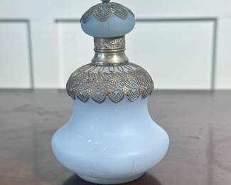 SILVER OVERLAY PERFUME BOTTLE | Light blue glass perfume bottle with silver overlay - h. 5.25 x dia. 3.25 in