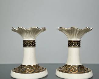 (2pc) PAIR BELLEEK CANDLESTICKS | Pair of Belleek candlesticks with gilt accent - h. 5 x dia. 4 in


