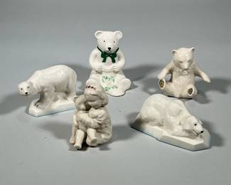 (5pc) LENOX & BELLEEK BEAR FIGURINES | Including: Belleek Polar Bear No. 1 Standing, Belleek Polar Bear No. 2 Sitting and Blarney Teddy Bear, and 2 Lenox China Jewels collection bear & girl with teddy bear figurines. - h. 4.5 x w. 3.5 x l. 4 in (largest)