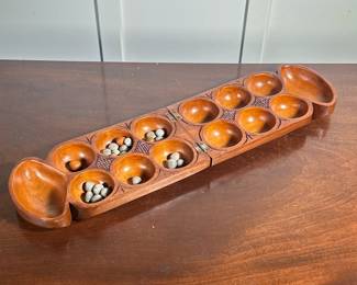 Carved Wood Mancala Board | Folding mancala board with carved decorations - h. 3 x w. 6 x l. 11.75 in (closed)