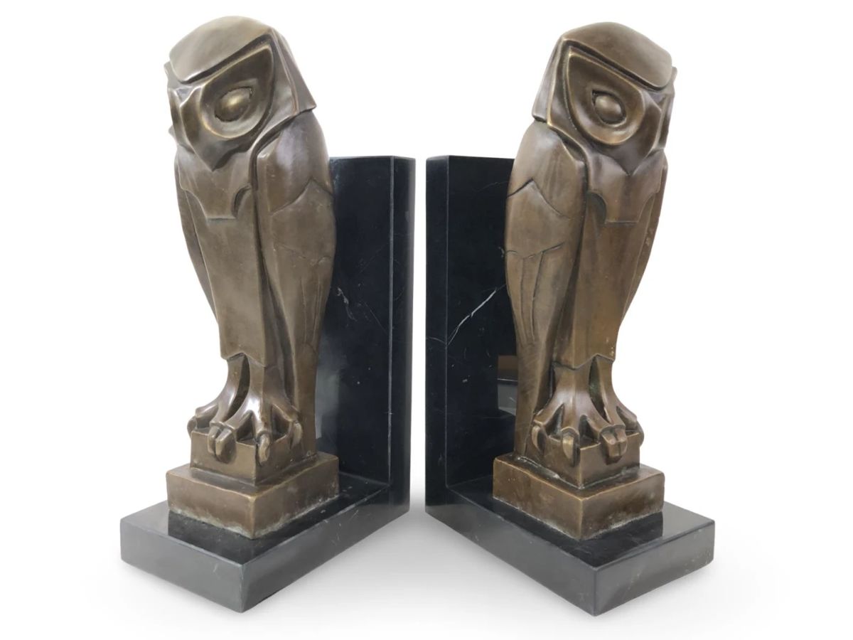 Dali Abstract Bronze On Marble Owl Bookends