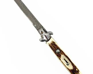 Vintage Horn Handle Damascus Stiletto Switch Blade