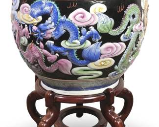 A Large Chinese Cloisonné Fish Bowl/Wood Stand