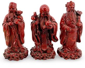 3pc Red Lacquered Resin Feng Shui Figures