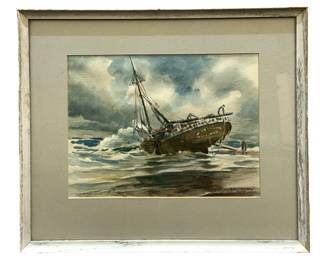 Signed Ray Schumann Ship at Shore Watercolor