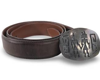 Sterling Native Belt Buckle On Brown Leather Belt