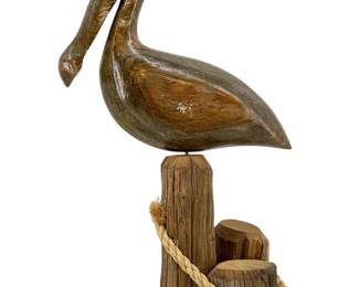 Vintage Carved Wood Perched Pelican Sculpture