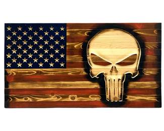 Rustic Carved Wooden Punisher American Flag