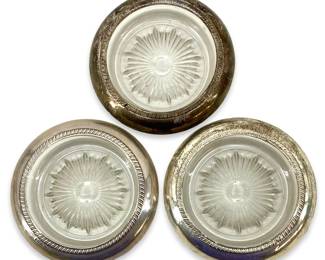 3pc Sterling Rimmed Glass Ashtrays