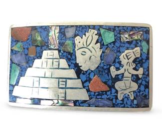 Sterling Indigenous Mexico Inlay Belt Buckle