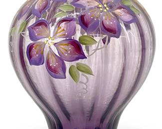 Signed Hand Painted Fenton Purple Art Glass Vase