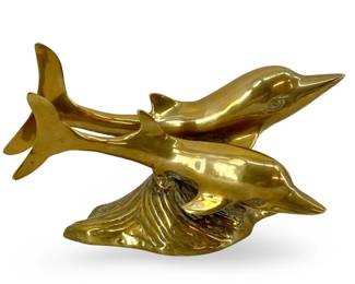 Vintage Brass Swimming Dolphins Sculpture