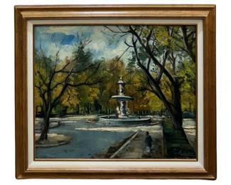 Signed Tranquil Fountain Landscape Oil on Panel