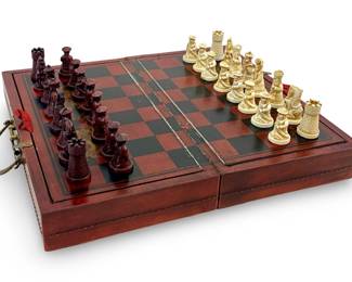 Vintage Wood & Brass Folding Chinese Chess Set