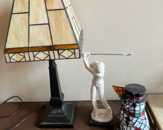 Leaded stained-glass lamp, A. Santini golfer sculpture, leaded glass snowman lamp