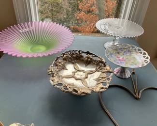 Large bowl, silverplate basket, Skye McGhie pedestal dish, Imperial candlewick pedestal plate