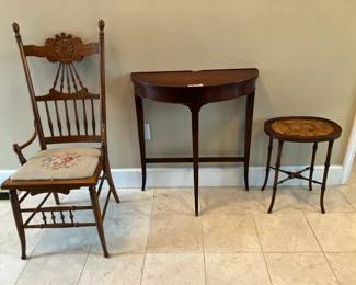 Oak chair w/ needlepoint seat, mahogany demilune table, small table w faux bamboo legs
