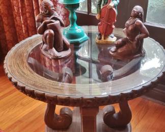 Round 1970's Mediterranean-Style Glass-Top Wood Side Table