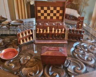 Detail of Game Table Top; Late 19hth. C. English Tea Caddy; Late 19th. C. Carved and INlaid Game Set