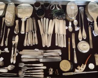 Case Full of Antique Sterling and Silverplate Items from the Collection of Kathleen Hughes